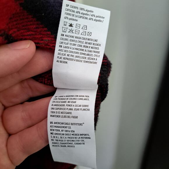 American Eagle Oversized Plaid Flannel Red/Navy Button Cabin Hoodie Women's Med - Picture 5 of 5